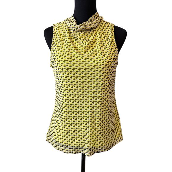 NEW HALOGEN NORDSTROM Yellow/Black Geometric Print Mock Neck Mesh Blouse Size S - Picture 1 of 4